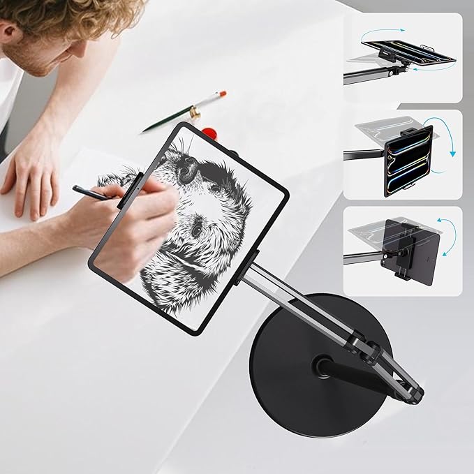 Tablet Stand for iPad Floor Phone Stand for Bed, Meeting, Vlogging, Compatible with Kindle, Galaxy Tab, Adjustable Height, Tablet Holder with Ultra-Long Extension Arm, 360° Swivel