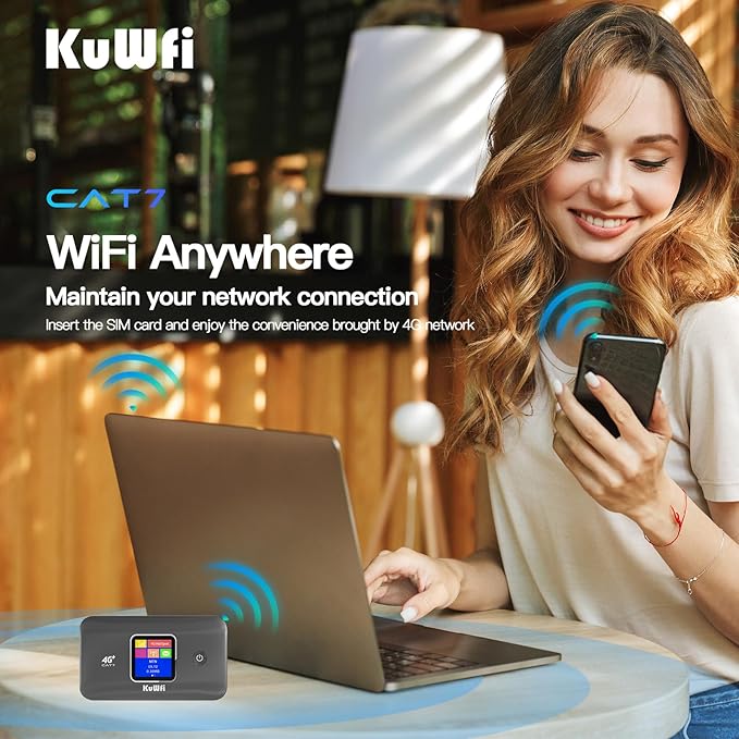 KuWFi 4G+ CAT7 Unlocked 4G LTE Mobile WiFi Hotspot, 300Mbps High-Speed Travel Router with SIM Card Slot for RV/Camping/Trips, Works with T-Mobile AT&T