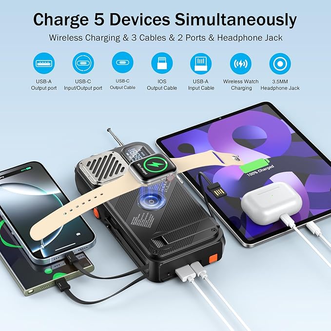 BROWEY Solar Power Bank Wireless Charger 16000mAh Built in Hand Crank and 3 Cables with Emergency Radio & Flashlight, 20W Fast Charging for Cell Phones, Portable Charger for Apple Watch