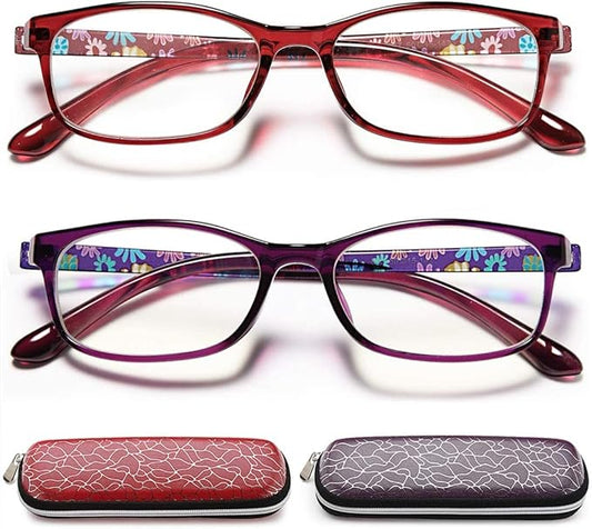 EYEURL Reading Glasses Women Blue Light Blocking - Set of 2 Pattern Design Value Computer Readers (Purple/Red, 1.5)