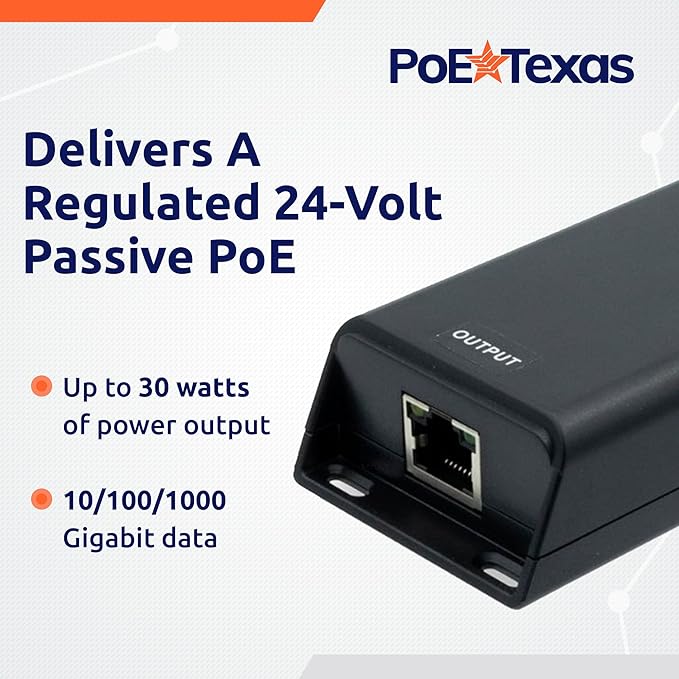 PoE Texas 24 Volt Passive PoE Injector (Mode B) - DC-Powered Gigabit Inline Converts 12-60V in to 24 Volt Passive PoE Out Up to 30 Watts - Variable DC PoE Injector for Solar Powered Installations