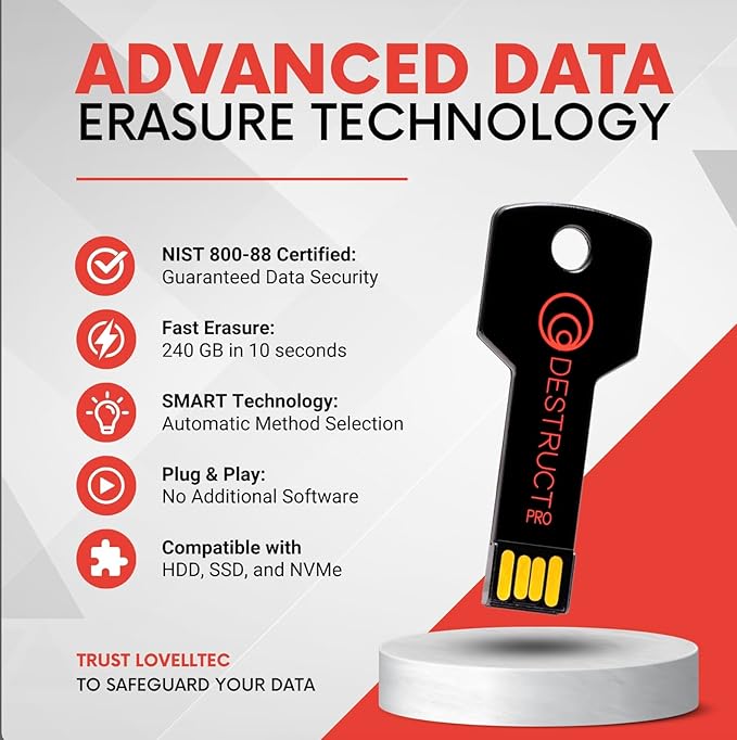 Lovell DESTRUCT PRO - USB Hard Drive Eraser & Data Destruction Tool - 3 Phase Crytopgraphic Wipe - Super Fast SMART Technology - Multi-Drive Compatibility - Works With HDD, SSD, & External Hard Drives