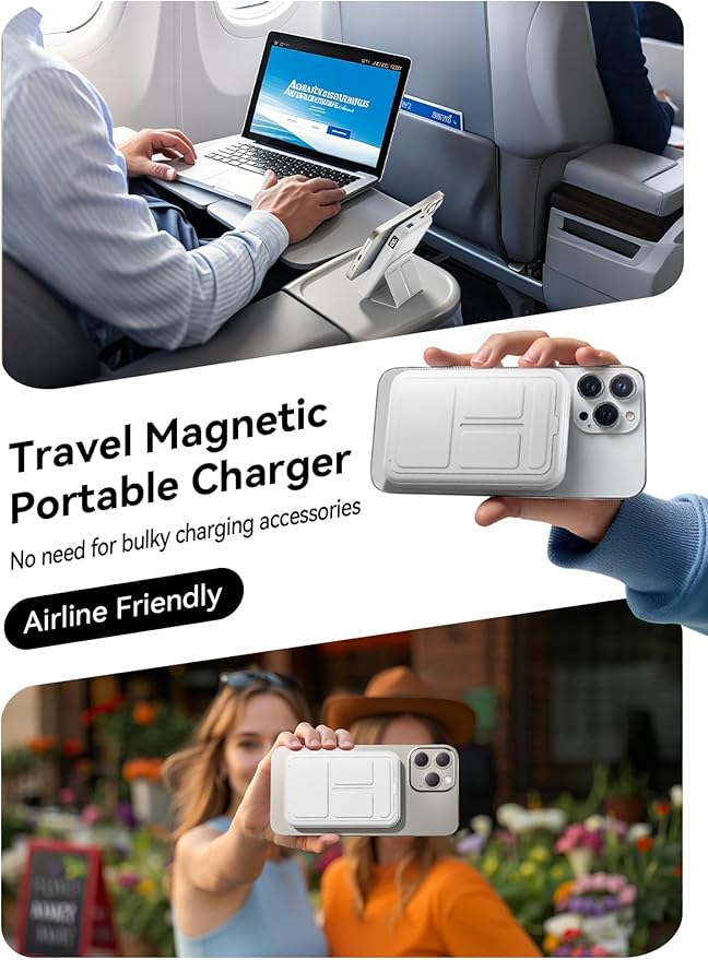 Magnetic Portable Charger, 10000mAh Wireless Power Bank with Leather Foldable Stand, USB-C 20W Fast Charging for Magsafe Battery Pack Compatible with iPhone Air/17/16/15/14 All Series