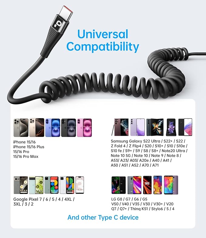 USB C Cable Fast Charging, 2Pack 3ft Coiled USB A to USB C Charge Cable for Car, USB-C Charging Cord Compatible with iPhone 17/16/15/Pro Max/Plus/Samsung Galaxy S20 S10 and More Type C Devices-Black