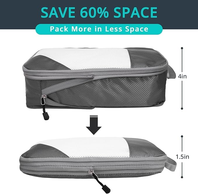 3 Set Compression Packing Cubes for Travel - Compressible, Lightweight, and Space-Saving Packing Cubes, Travel Essentials for Women, Grey
