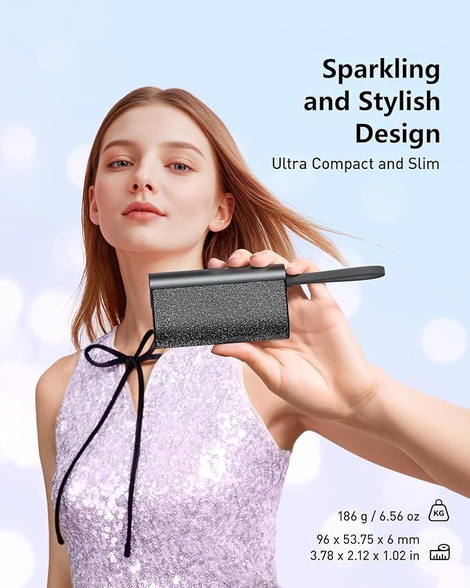 VEGER Compact Portable Charger with Built in Cable(Removable), 10000mAh Cute Power Bank 20W Fast Charging, Sparkling Battery Pack Fashion Travel Accessory Compatible with iPhone 15/14, Android-Black