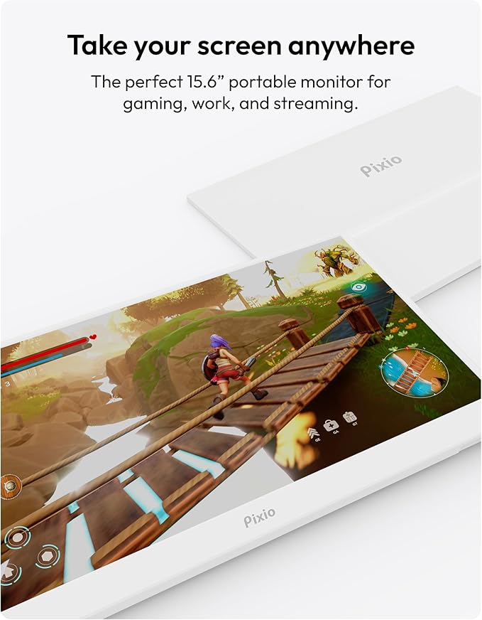 Pixio PX160 Wave White Portable Monitor 15.6 inch 60Hz FHD 1080p IPS Panel HDR Screen Cover Stand USB-C HDMI Laptop Screen Extender Portable Monitor for Laptop, PC, Console, Phone
