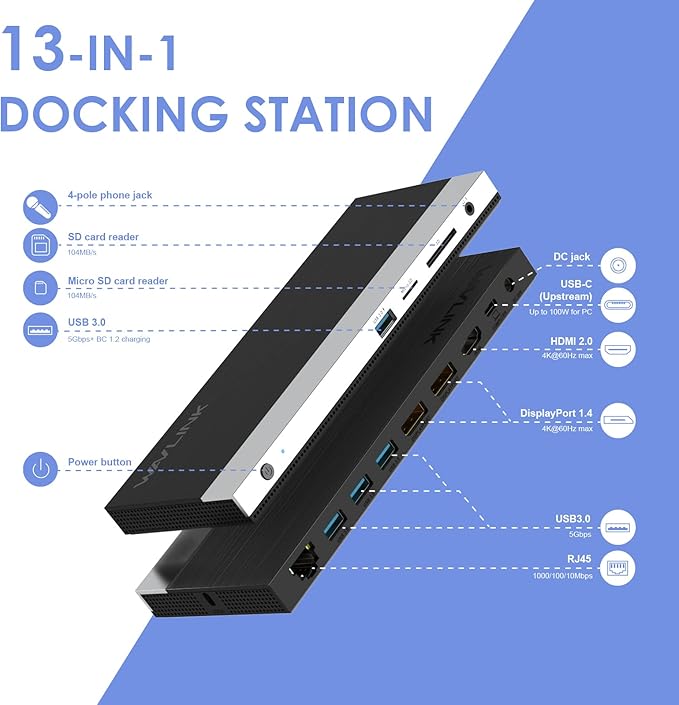 WAVLINK USB C Docking Station,100W PD Charging,Triple 4K Display Type-C Adapter(HDMI,2 DisplayPort,Ethernet,4 USB 3.0,SD/TF Card Reader,3.5mm Audio) for MacBook Pro,Dell XPS 13/15,HP,Lenovo Yoga