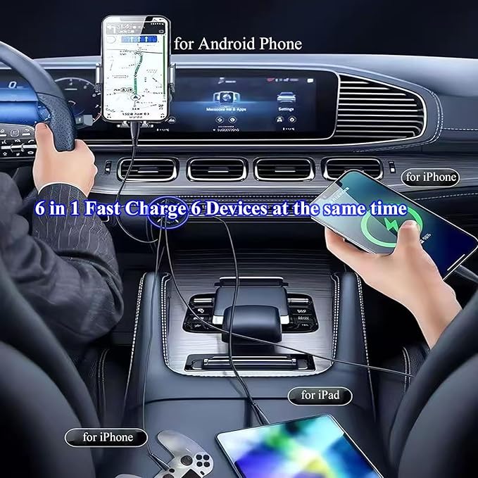 Super Fast Charge USB C Car Phone Charger Adapter 6 in 1 with Voltage Display 250W Multi Port Cigarette Lighter USB Charge for iPhone 16 15 14 13 12 11 Samsung Galaxy Huawei Oneplus Oppo Vivo