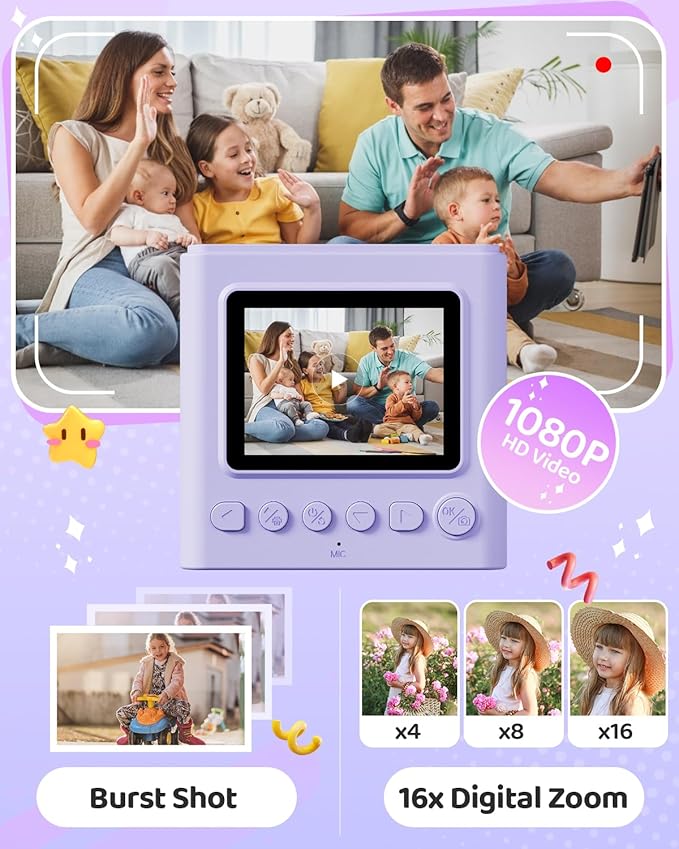 Kids Instant Print Camera, Christmas Birthday Gifts for Girls and Boys, 1080P HD Video Digital Kids Camera with Print Paper & 32G Card, Toddler Toy for 3-14 Years Old (Purple)