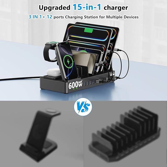 600w Charging Station for Multiple Devices, 15 in 1 Wireless Charger with 2pack 100w USB C Charger Cable, Dual 100w USB C Tablet Charging Station for MacBook,iPhone,iPad,Tablet(Black)