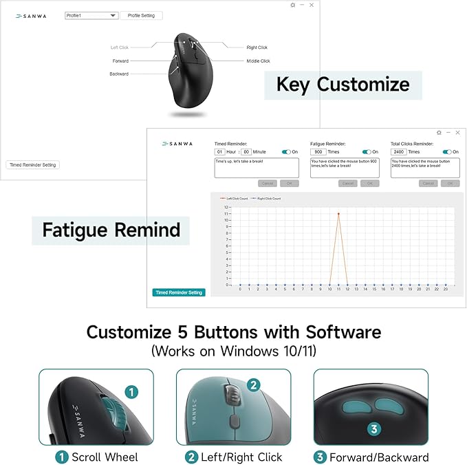 SANWA Multi Device Ergonomic Vertical Mouse, Silent Click, 5 Programmable Buttons, 2 Bluetooth 5.0 + 2.4G Wireless Ergo Mice for Medium Large Hands, Compatible with Windows, Mac OS, Laptop, PC, Black