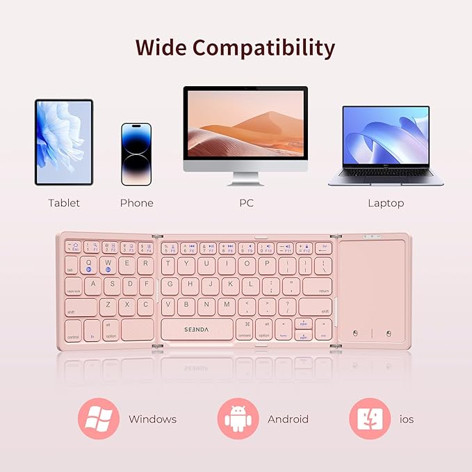 seenda Foldable Bluetooth Keyboard for Travel, Tri-Folding Wireless Rechargeable Multi-Device Portable Keyboard with Touchpad, for Laptop iPad Tablet PC Smartphone Windows iOS Android, Pink