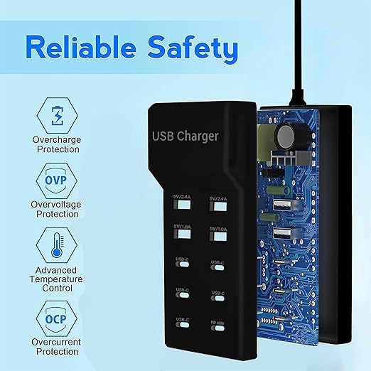 i Phone 16 15 Charger Fast Charging，USB Multi Device Charging Station USB Charger 10 Ports 4A-6C Power Hub with Smart Plug Charging Stand Compatible with iPhone 15, iPod, Galaxy S Smartphones