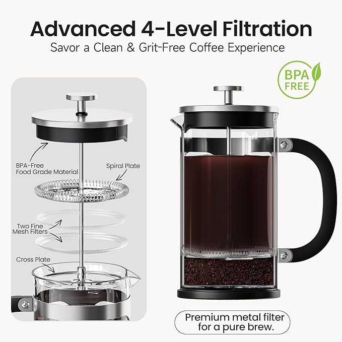 BAYKA 34oz French Press Cold Brew Coffee Maker, Heat and Cold Resistant Thickened Borosilicate Glass Stainless Steel Coffee Press, Iced Coffee Pot Tea Pitcher for Kitchen Travel Camping,1 Liter,Silver