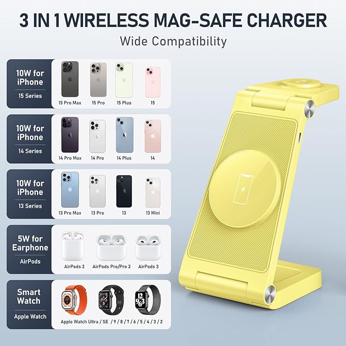 Magnetic Wireless Charger Stand, 3 in 1 Foldable Wireless Charging Station, Travel Charger for Multiple Devices for iPhone 16 15 14 13 12 Series, Apple Watch Ultra/SE/9/8/7/6/5/4/3/2, AirPods
