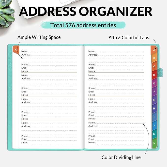 SUNEE Address Book with Colorful Alphabetical Tabs, Address Notebook Organizer for Record Contacts, 5.3'' x 7.7''- Aquamarine