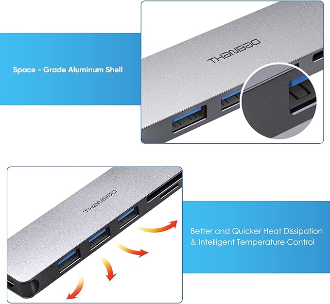 USB C Hub Multiport Adapter - 7 in 1 Portable Space Aluminum Dongle with 4K HDMI Output, 3 USB 3.0 Ports, SD/TF Card Reader Compatible for MacBook Pro, XPS More Type C Devices