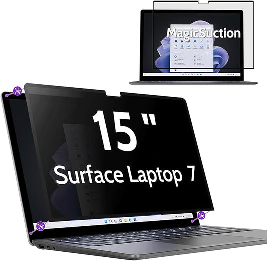 Privacy Screen for 15 Inch Surface Laptop 7, MagicSuction™ Removable Anti Spy Black Protector, Glare Blue Light Filter for Microsoft Laptop Computer Monitor