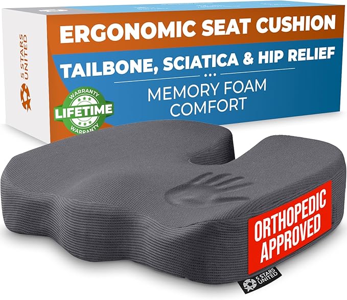5 STARS UNITED Seat Cushion for Tailbone Pain Relief – Memory Foam Lifting Pillow for Coccyx, Hip, Hemorrhoid, Sciatica & Post-Surgery Recovery – Wheelchair, Car, Desk, Gaming & Office Chairs, D Gray