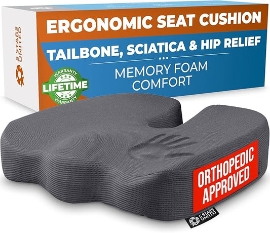 5 STARS UNITED Seat Cushion for Tailbone Pain Relief – Memory Foam Lifting Pillow for Coccyx, Hip, Hemorrhoid, Sciatica & Post-Surgery Recovery – Wheelchair, Car, Desk, Gaming & Office Chairs, D Gray