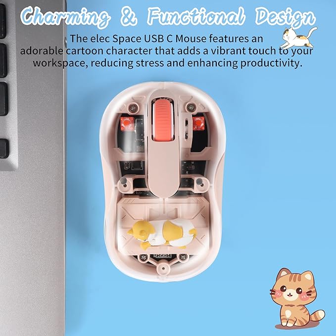 Cute Wireless USB C Mouse - Bluetooth Triple Mode Rechargeable Cartoon Mouse for Laptops, iPads & MacBook Air/Pro - Silent Operation, Portable Design, Unique Magnetic Character (Milk tea color)