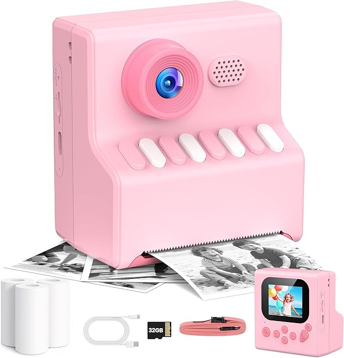 Kids Camera Instant Print Pink: HODDRCCN Instant Print Camera for Kids - Christmas & Birthday Gift for Boys and Girls Ages 3-12 - Includes 32G SD Card & Portable Lanyard & 3 Rolls Printing Paper