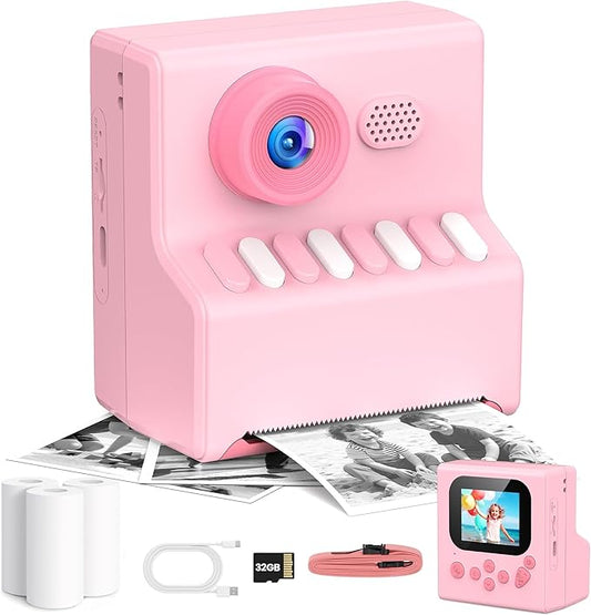Kids Camera Instant Print Pink: HODDRCCN Instant Print Camera for Kids - Christmas & Birthday Gift for Boys and Girls Ages 3-12 - Includes 32G SD Card & Portable Lanyard & 3 Rolls Printing Paper