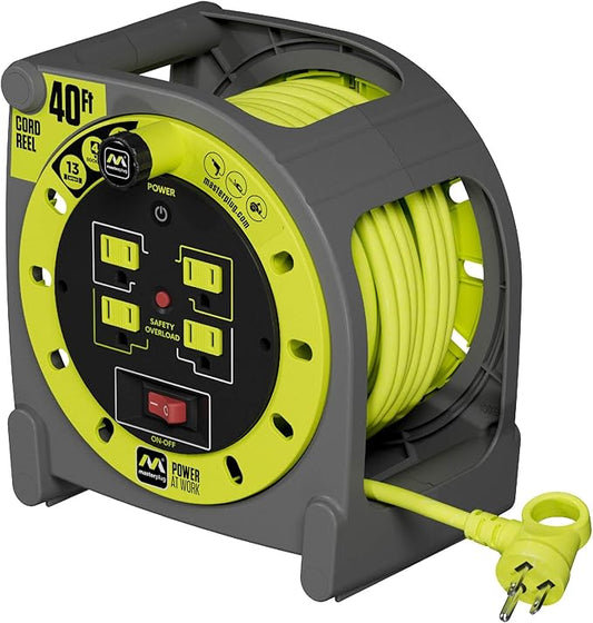 40ft Case Cord Reel, Retractable Extension Lead with Winding Handle, Safety Overload Circuit Breaker and Power Switch, 4X Grounded Outlets, 13amps, 14AWG Cable