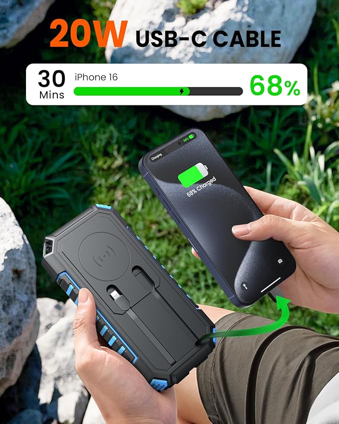 Riapow Solar Charger Power Bank - 27000mAh/99000mWh Wireless Portable Charger Built in 2 Cables - 22.5W Fast Charging Battery Bank with USB C - PD QC External Battery Pack for Phone Flashlight Outdoor