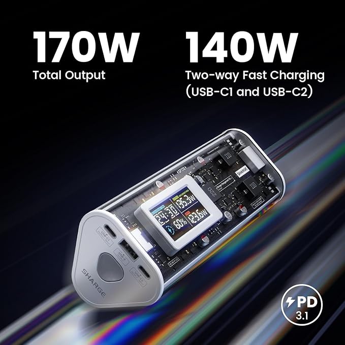 SHARGEEK 170 Power Bank, 170W Total 24,000mAh High Capacity Portable Charger with Smart Display, IP66 140W PD3.1 Battery Pack for Laptop iPhone 17/16/15 Galaxy Google Pixel MacBook, Steam Deck