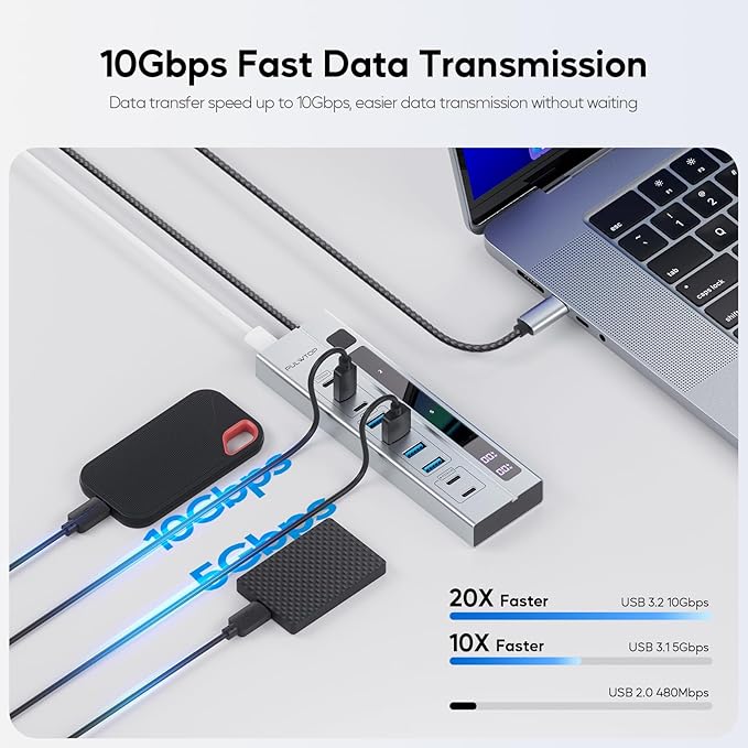 9-in-1 USB 3.2 Data Hub, Power Adapter NOT Included, Powered USB C Hub with 3 x USBC 10Gbps, 4 x USBA 5Gbps and 2 x 24/45W Type-C PD Charging Ports USB Hub