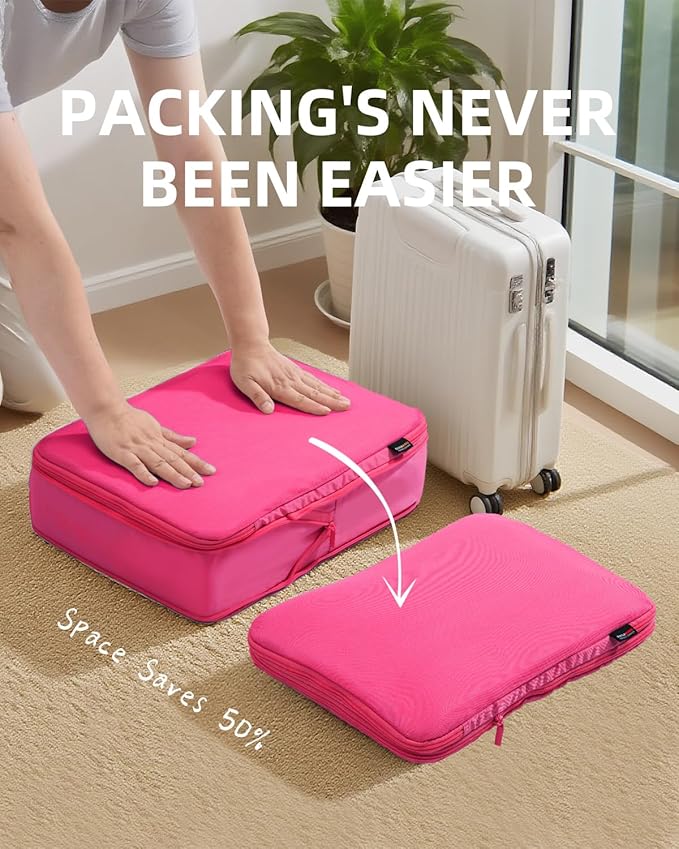 6 Set Compression Packing Cubes for Travel, Large Medium Small Luggage Organizers (Rose Red)