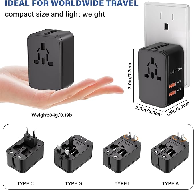 Travel Adapter with 2 USB A+1 USB C,Universal All in One Worldwide Travel Adapter,Power Converters Wall Charger,AC Power Plug Adapter,International Power Adapter for USA EU UK AUS Black
