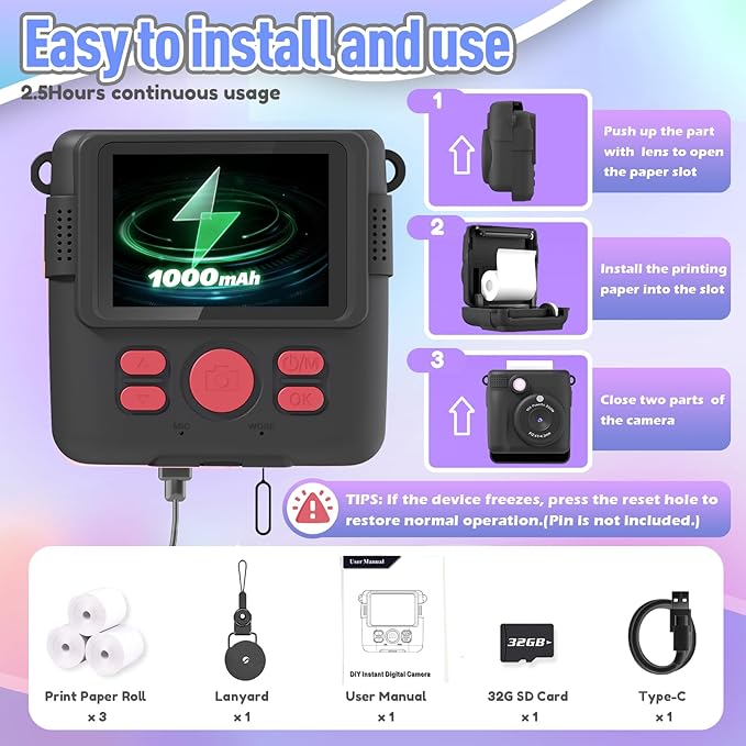 Kids Camera Instant Print, Christmas Birthday Gifts for Kids Age 3-12, Selfie Digital Camera with 1080P Videos,Toddler Portable Travel Cameras Toy for 4 5 6 7 8 9 Year Old Boys Black