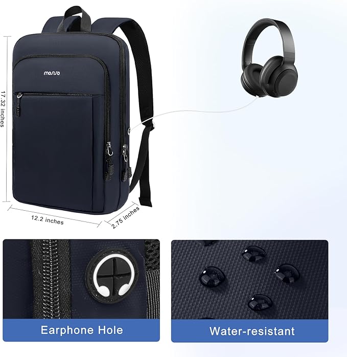 MOSISO Laptop Backpack for Men, Slim Lightweight Compact Computer Backpack for College Work Business Office Travel, 15.6 inch Waterproof Commute Laptop Bag Casual Daypack with Luggage Strap, Navy Blue