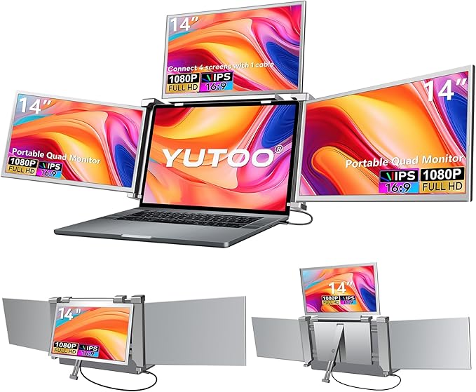 YUTOO 4 Screen Laptop Monitor Extender | One USB-C Cable for M1 M2 M3 | 14" 1080P FHD IPS 4 Screen Monitor for Laptops 13.6~17.3 inch | Quad Screen Extender Display for MacBook/Windows/Switch/PS5