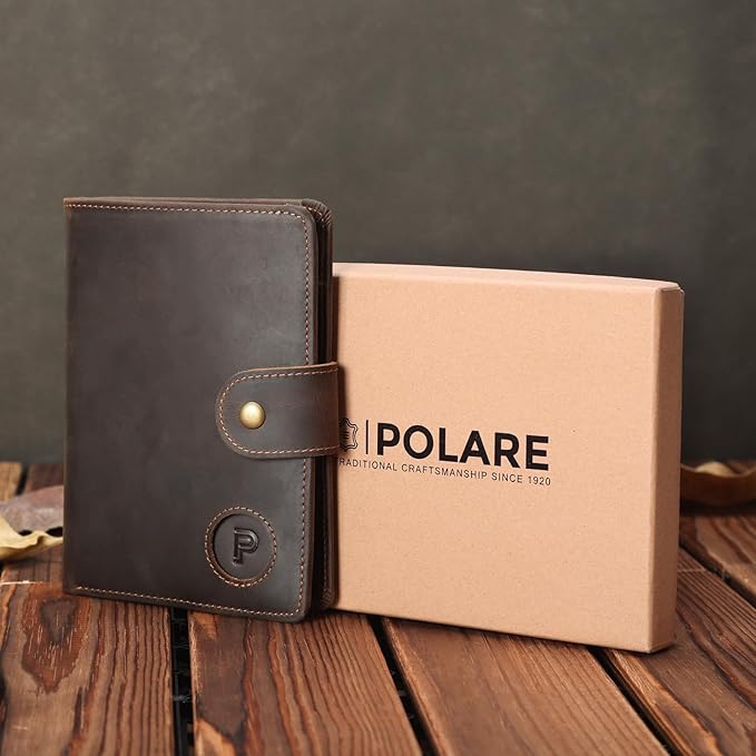 Polare Luxury RFID Blocking Leather Passport Holder Travel Wallet For Men and Women (Dark Brown with AirTag Slot(Snap Version))