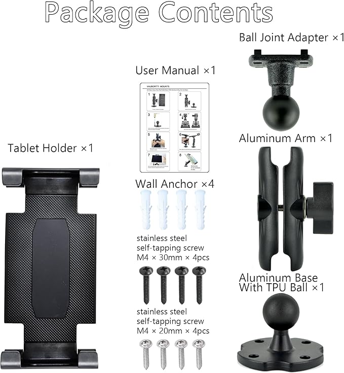 Aluminum Arm Heavy Duty Tablet Mount Drill Base - for 6.5"-12.9" Tablet iPad Pro/Mini, iPad Holder for Truck, Car,Dashboard,Desk,Wall-Swivel with 1 inch/25mm Ball Joint