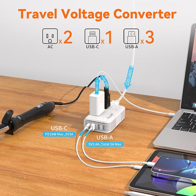 ALLWEI 220V to 110V Travel Voltage Converter us to Europe, Step Down Converter for Hair Straightener/Curling Iron, International Power Adapter for EU/UK/US/AU (White)