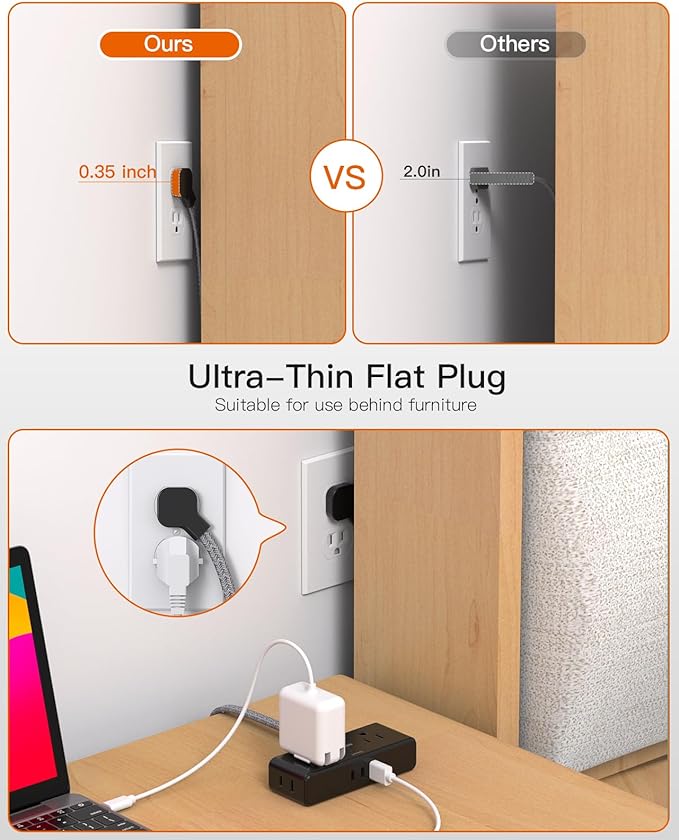 Black Flat Extension Cord 3 feet, Flat Plug Power Strip, 4 Widely Outlets with 3 USB Ports (2 USB C), 3 Side Outlet Extender with Extension Cord with Multiple Outlets for Home, Dorm Room Essentials