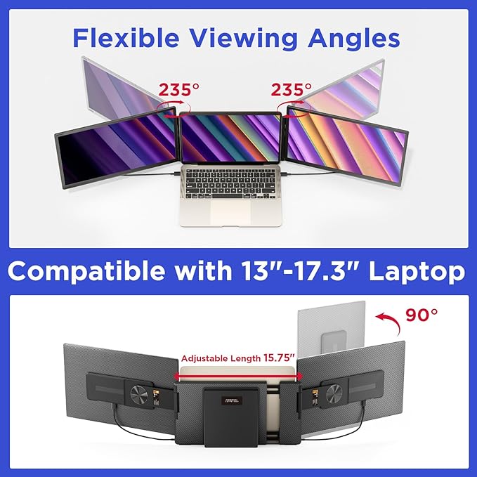 Maxfree S6 Laptop Screen Extender, 15.6'' 1080P Monitor Extender, 11 Display Modes, Plug & Play, Detachable Screen Triple Monitor for Laptop 13"-17.3", Compatible with Mac/Windows/Android/Switch