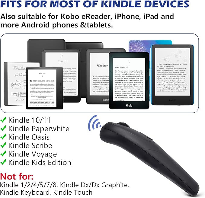 Remote Control Page Turner for Kindle Paperwhite Oasis Scribe Kobo, RF Page Turner Clicker for Kindle Device iPhone iPad Tablets, Novels Ereader Accessories with Wrist Strap Storage Bag