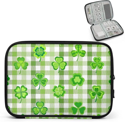 Clover Green Buffalo Plaid Electronics Travel Organizer Case, Tech Accessories Cable Storage Bag for Cords, Charger, Phone, Hard Drive