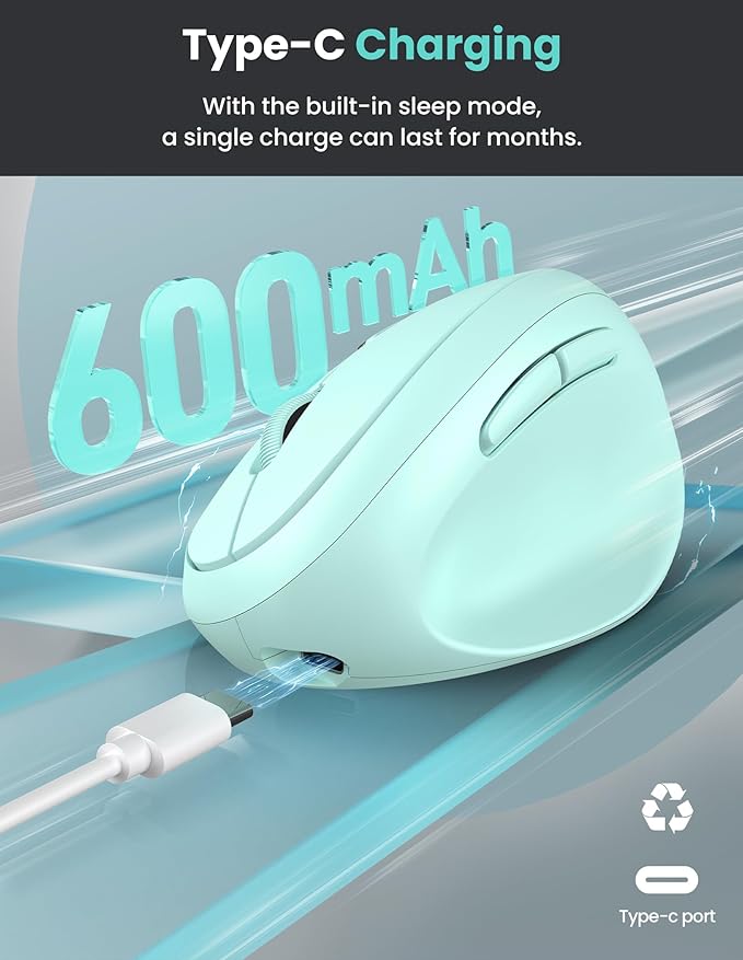 TECKNET Ergonomic Mouse, Bluetooth Wireless Vertical Mouse, Rechargeable Battery, Quiet Clicks, 4800 DPI Adjustable, BT5.0/3.0 & 2.4G Connect, Easy to use, Wide Compatibility