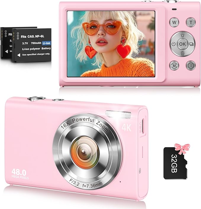 Digital Camera, 4K Vlogging Camera for YouTube Autofocus Cameras for Photography with 16X Digital Zoom, 48MP Compact Point and Shoot Digital Camera for Teens Adult with 32GB SD Card, 2 Batteries-Pink