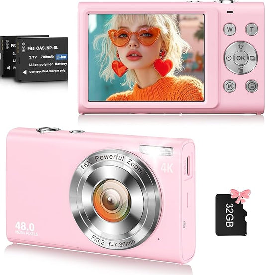 Digital Camera, 4K Vlogging Camera for YouTube Autofocus Cameras for Photography with 16X Digital Zoom, 48MP Compact Point and Shoot Digital Camera for Teens Adult with 32GB SD Card, 2 Batteries-Pink
