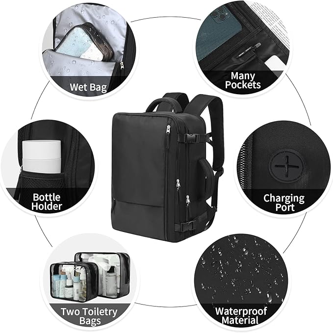 Hanples Travel Backpack for Women Men Large Carry On Person Item Flight Approved 17 In Laptop Backpack Waterproof anti theft Casual Luggage with 2 Toiletry Bag(Black)