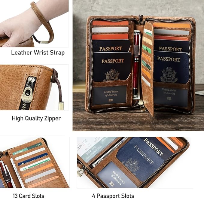 CONTACTS Travel Family Passport Holder for 4 Genuine Leather Passport Wallet RFID Blocking Passports Organizer 3 Layer Design Fit 4 Passports, 13 Credit Cards (Camel Brown)