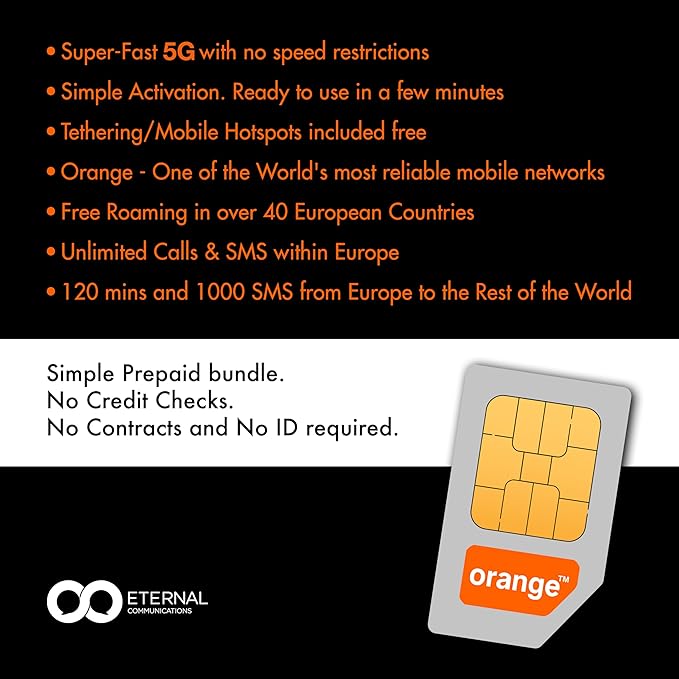 Preloaded Orange Travel Sim Card Now with 100GB of 5G Data, Unlimited Calls & SMS in Europe, 120 mins & 1000 SMS from Europe to Worldwide (Lasts for 31 Days). Tethering Allowed